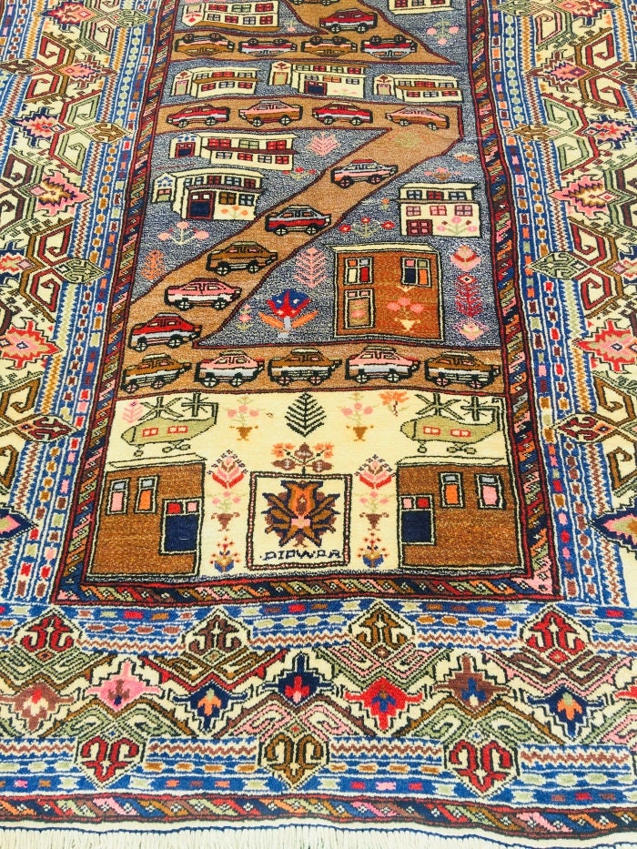 Vintage Oriental 4x6  Rug | Kids Playroom Car Rug | Blue Rug | Antique Persian Rug | Playroom Hand Knotted Rug