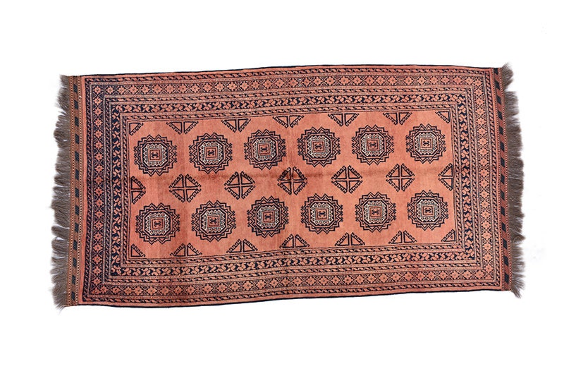 Coral Kashmiri 3x6 Vintage Rug | Antique Pakistan Rug with Multi Hexagon Design | Pure Wool Hand Knotted | Vintage Rug Shop