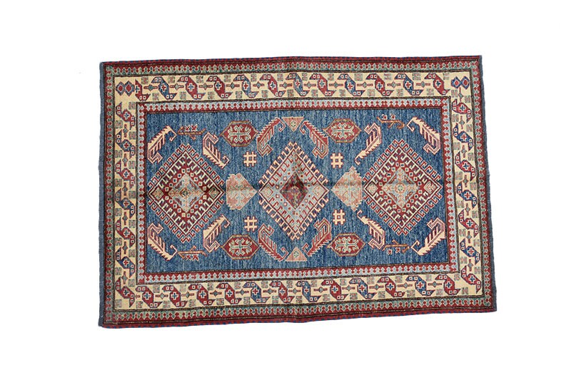 Tribal Area Rug 3 x 5 Hand Knotted Blue with Beige border made with Wool | Rustic Home Decor Style