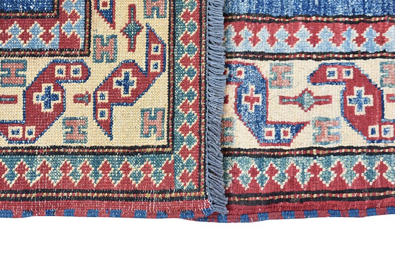 Tribal Area Rug 3 x 5 Hand Knotted Blue with Beige border made with Wool | Rustic Home Decor Style