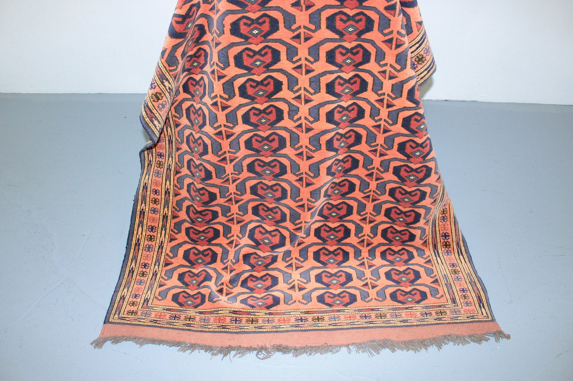 Coral Vintage 4x6 Tribal Rug | Bright Hand Knotted Area Rug | Blue and Red Oriental Design Accent Area Rug
