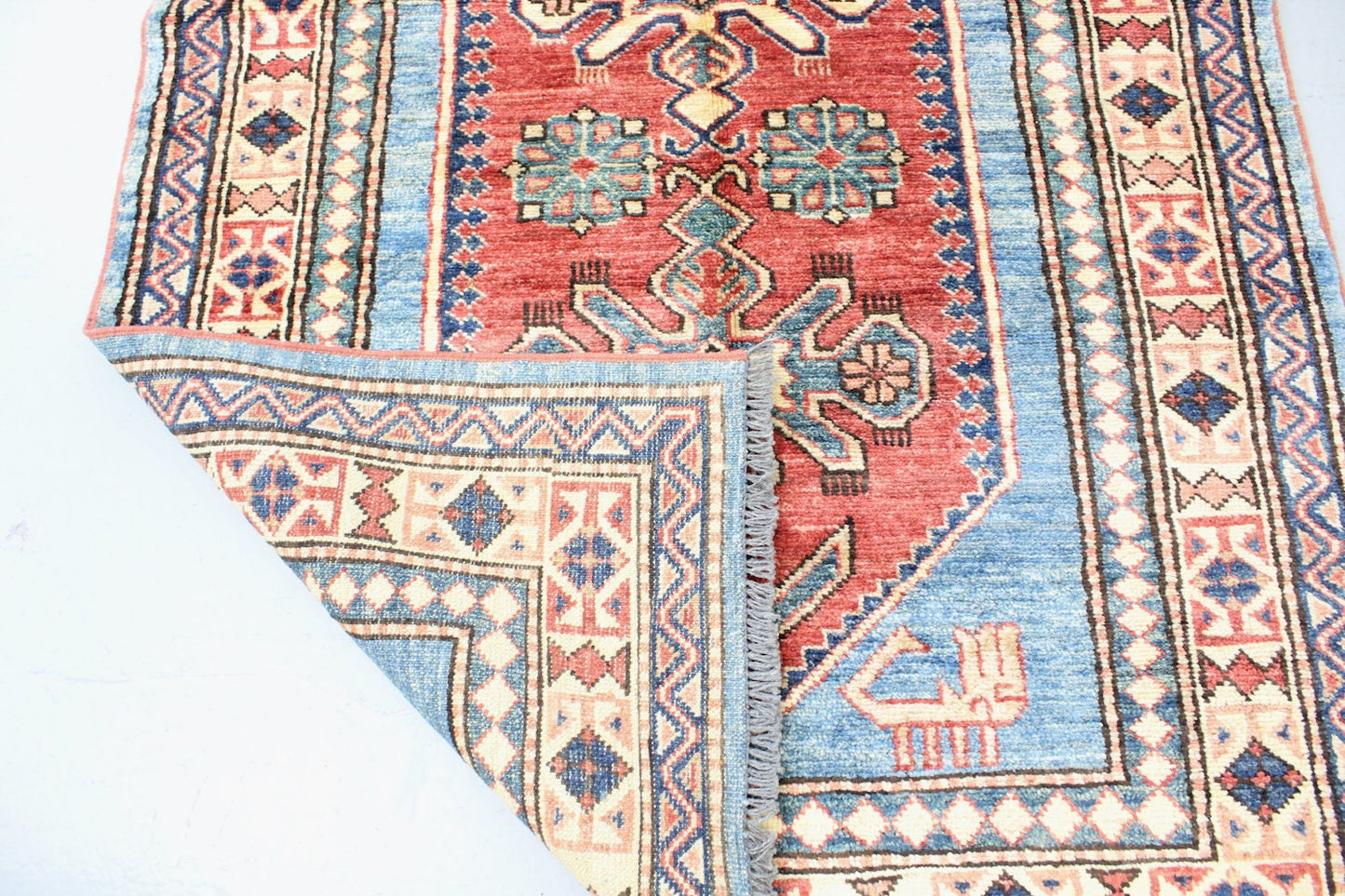 Handmade 3x5 feet Tribal Blue Beige Runner Rug Wool with Red Central Medallion