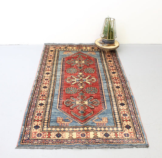 Handmade 3x5 feet Tribal Blue Beige Runner Rug Wool with Red Central Medallion
