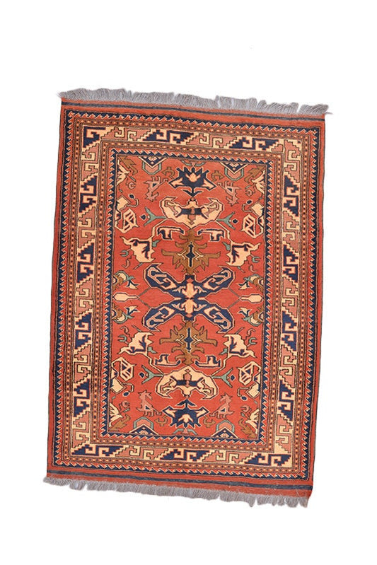 Vintage Hand Knotted Tribal 5x7 feet Rug, Orange Blue Persian Decorative Accent Rug, Medium Area Rug, Antique