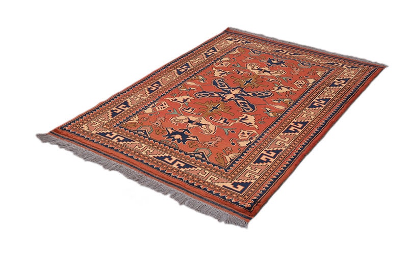 Vintage Hand Knotted Tribal 5x7 feet Rug, Orange Blue Persian Decorative Accent Rug, Medium Area Rug, Antique