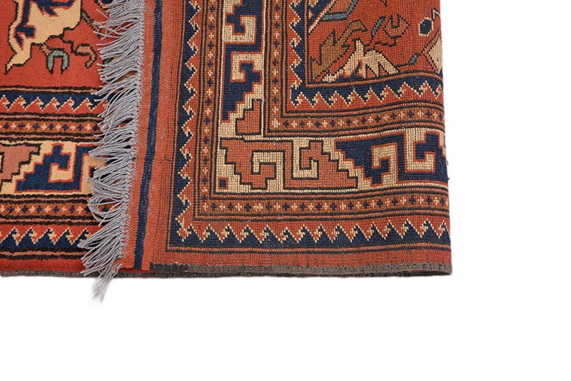 Vintage Hand Knotted Tribal 5x7 feet Rug, Orange Blue Persian Decorative Accent Rug, Medium Area Rug, Antique