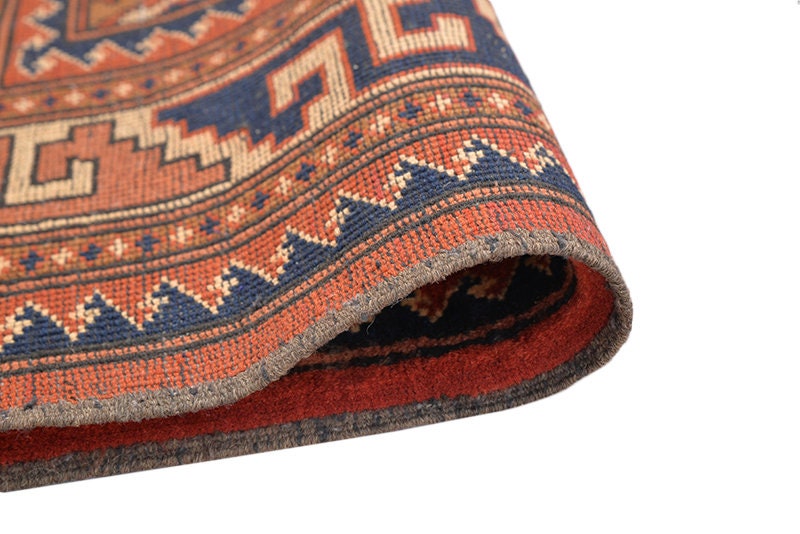 Vintage Hand Knotted Tribal 5x7 feet Rug, Orange Blue Persian Decorative Accent Rug, Medium Area Rug, Antique