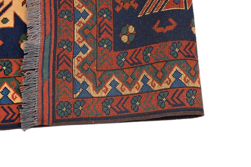 6.8 x 5.7 Feet | Vintage Area Rug | Orange Blue | Tribal Medallion Rug | Geometric Hand Knotted Rug | Rectangle Rug