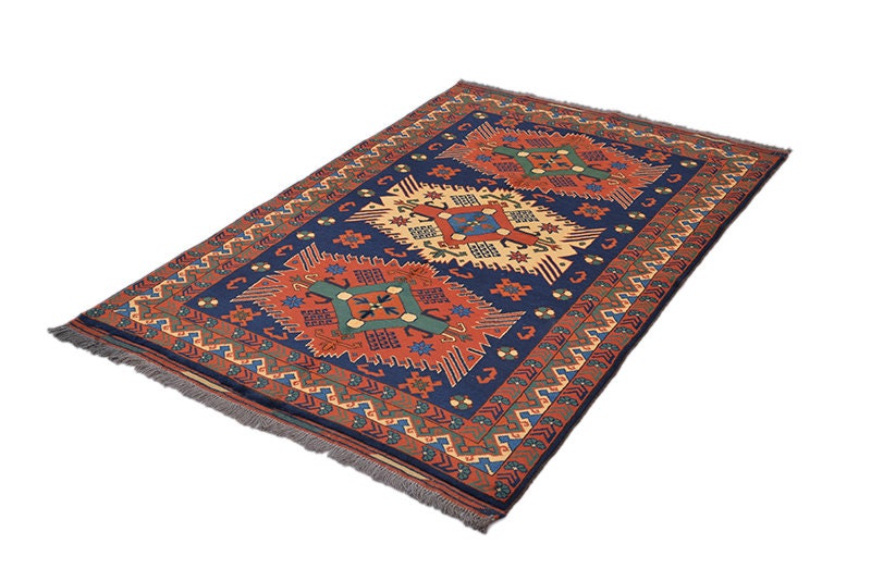 6.8 x 5.7 Feet | Vintage Area Rug | Orange Blue | Tribal Medallion Rug | Geometric Hand Knotted Rug | Rectangle Rug