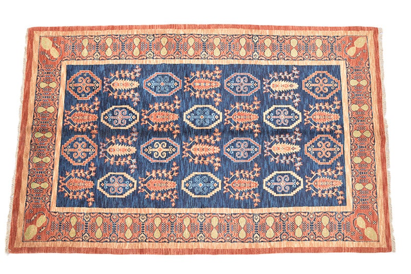 Vintage Orange 5x8 Blue Rug | Tribal Multi Color Medallion Rug | Hand Knotted Geometric Floor Accent Oriental Rug
