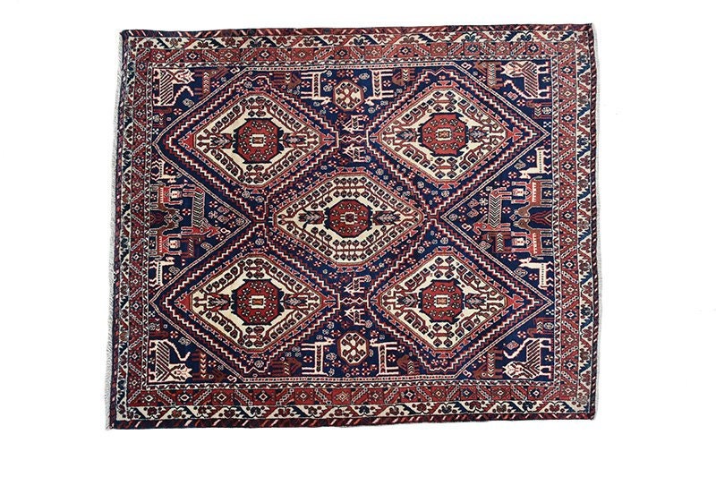Navy Vintage Rug | Geometric Tribal Rug | Red and Blue Hand Knotted Rug | 4 x 6 Area Rug | Bohemian Decor | Wool Authentic Rug