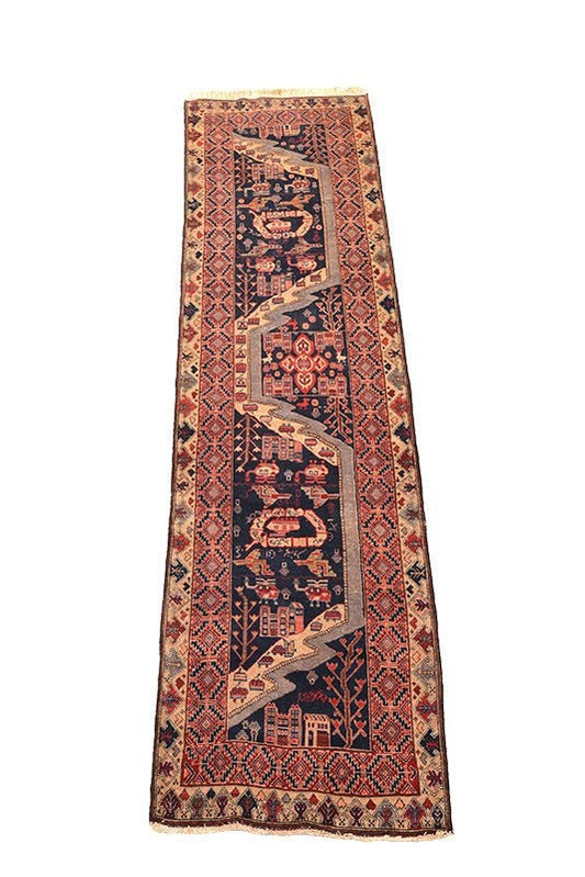 Vintage Stunning Handmade Runner Rug | Tribal Boho Runner | 3 x 12 ft Runner | Red Beige Runner | Hand Knotted Runner | Long Wool Runner