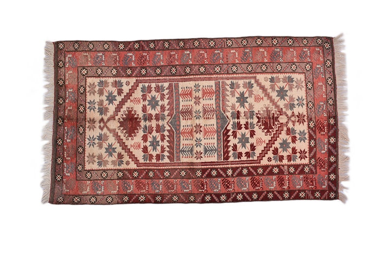 Red Boho 3 x 6 Turkish Rug | Vintage Tribal Rug | Geometric Pattern Multi Color | Rustic Home Decor | Wool Hand Woven Area Rug