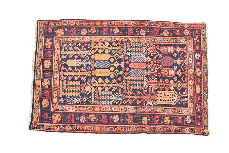 Vintage Oriental 4x6 Bright Rug | Colorful Tribal Area Rug | Accent One of a Kind Hand Knotted Wool Geometric Rug