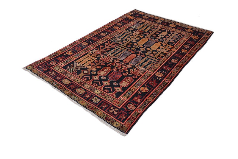 Vintage Oriental 4x6 Bright Rug | Colorful Tribal Area Rug | Accent One of a Kind Hand Knotted Wool Geometric Rug