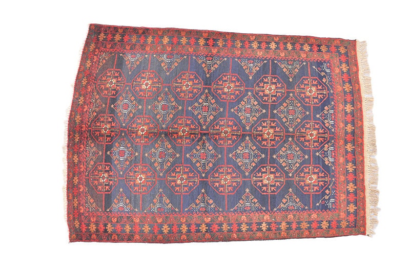 Vintage Boho 4 x 6 Low Pile Blue & Red Handmade Antique Rug with Geometric Circle Medallion Pattern