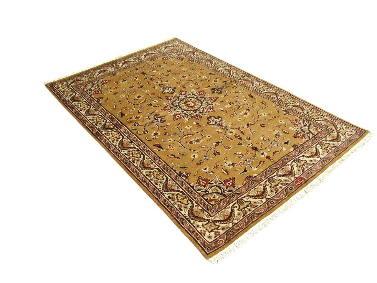 4x6 Rug | Gold Oriental Rug | Handmade Area Rug | Neutral Tone Rug | Antique Wool Rug | Gold Silk Rug | Medallion Rug | Gold Accent Rug