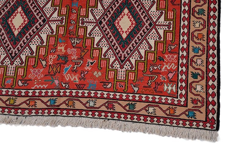6 x 4 Ft Area Rug | Tribal Red Geometric Rug | Red Orange Geometric Rug | Ikat Vintage | Decorative Rug | Hand Knotted Rug | Bohemian Rug