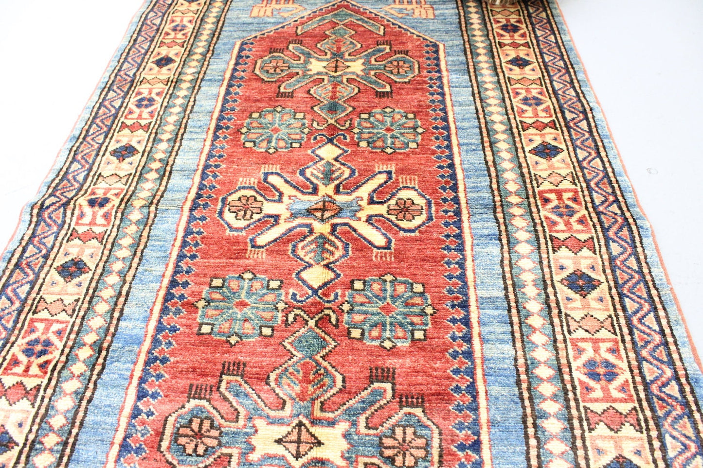 Handmade 3x5 feet Tribal Blue Beige Runner Rug Wool with Red Central Medallion