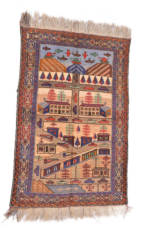 Vintage Tribal Rug | 4 x 6 Ft Area Rug | Blue Rug | Village Scene Rug | Hand Knotted Rug | Beige Tribal Print Rug | Kids Rug |