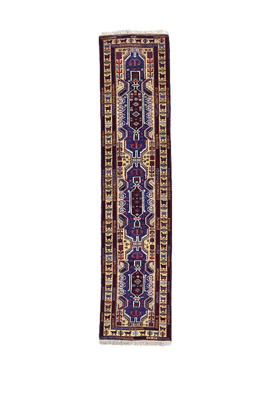 Vintage Runner Rug | 2 x 11 Feet | Blue and Red | Tribal & Geometric | Hand Knotted Wool