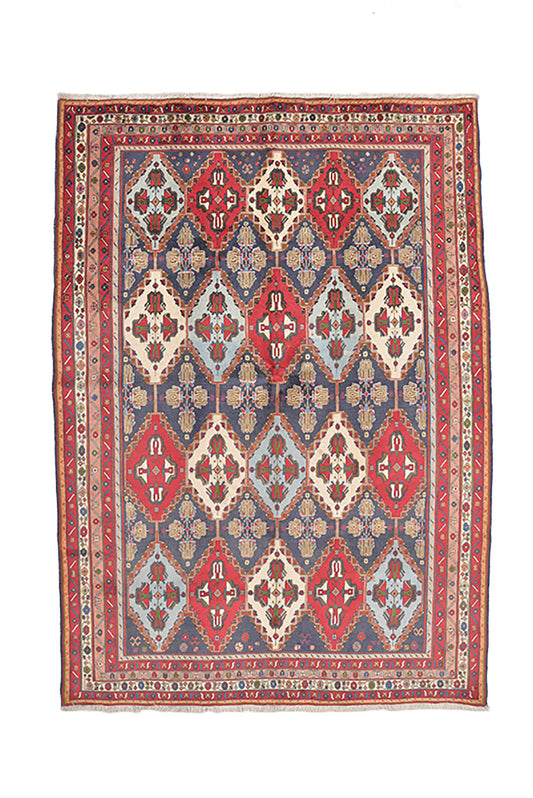 Vintage Oriental 5 x 8 Ft Rug | Multi Diamond Rug | Red Green Blue Rug | Wool Rug | Geometric Tribal Rug