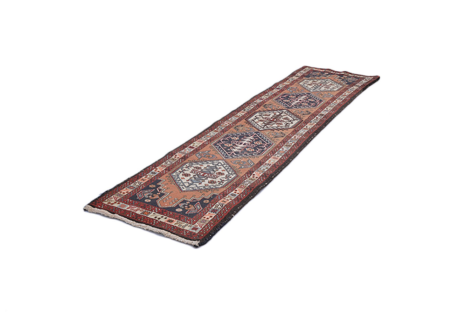 Long 2x9 Vintage Runner | Persian Turkish Geometric Design in Brick & Navy Blue
