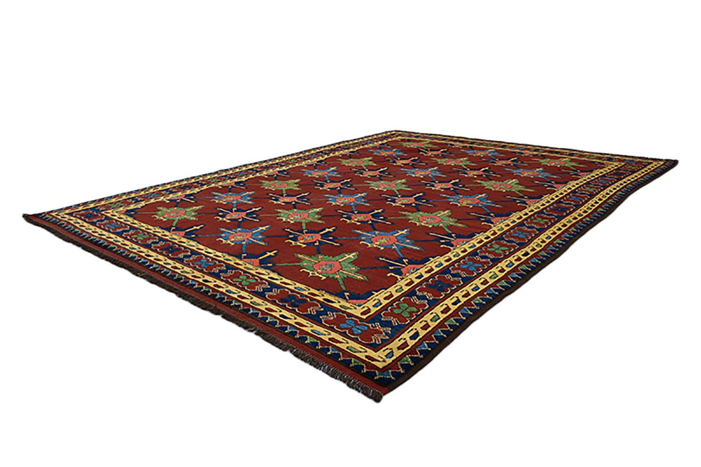 Red Vintage 7x10 Geometric Floral Rug | Red Blue Green Flowers | Wool Hand Knotted Rug | Turkish Persian Rug