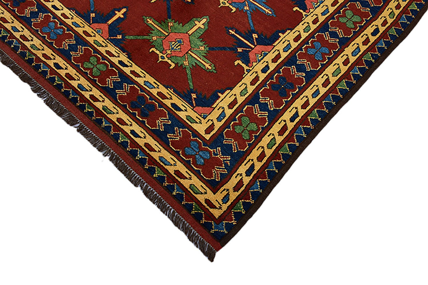 Red Vintage 7x10 Geometric Floral Rug | Red Blue Green Flowers | Wool Hand Knotted Rug | Turkish Persian Rug