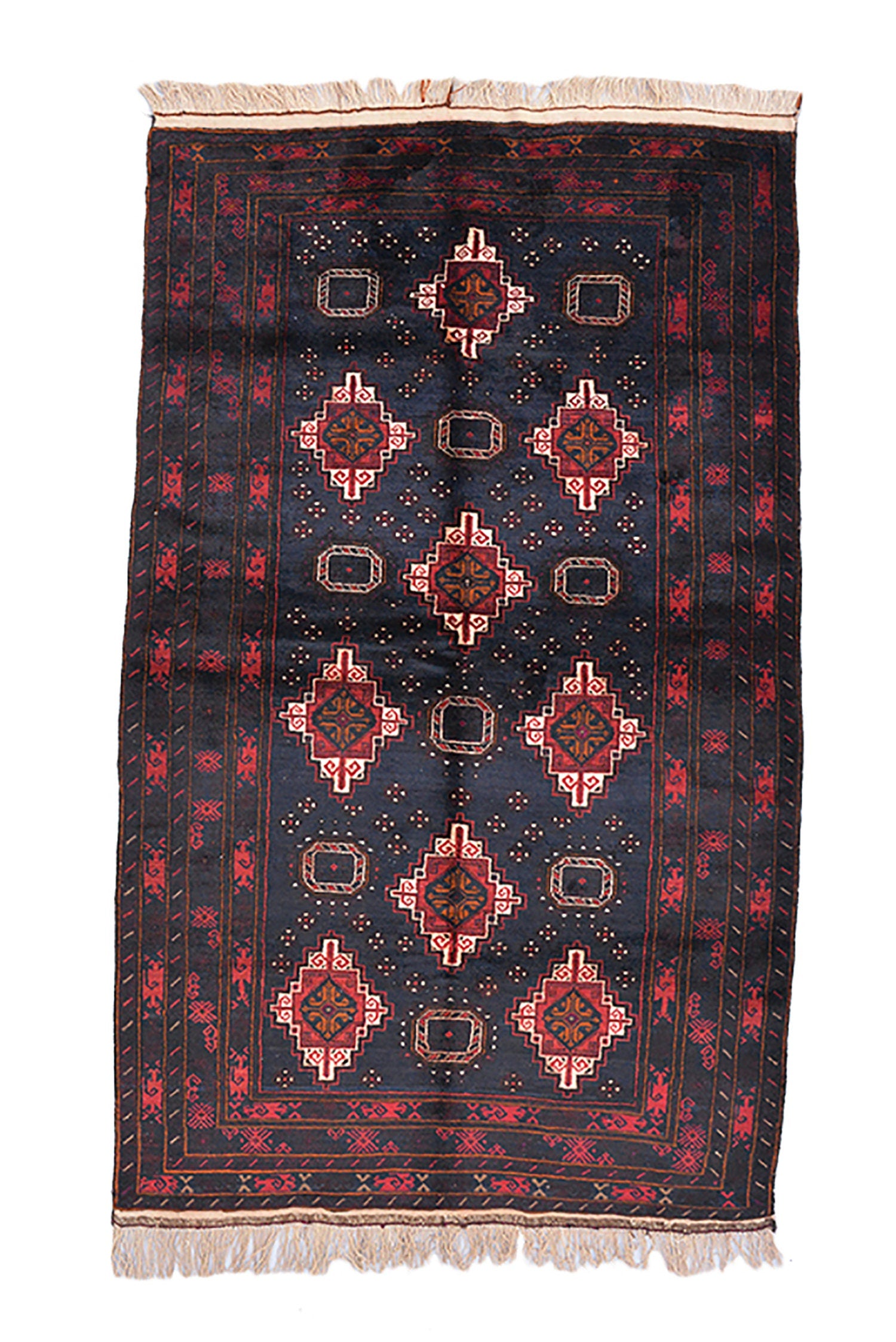 Navy Kazak Rug | 5 x 8 Rug | Blue Red Geometric Rug | Tribal Vintage Rug | Wool Area Rug