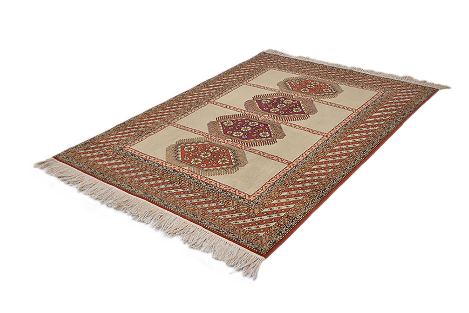 Beige Brown Area Rug | Handmade Persian Caucasian | Red Medallions | 5 x 7 Feet | Rustic Style Neutral Rug Soft Pile Rug