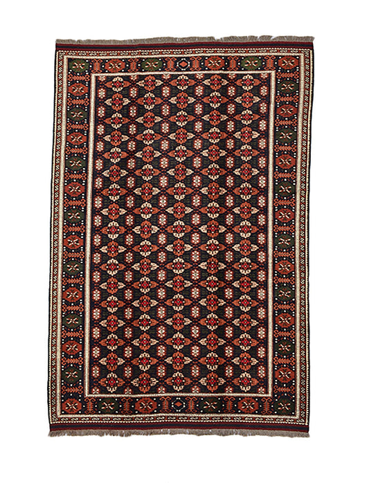 Vintage Handmade Rug | Navy Green Red Rug | 7 x 9 Feet | Floral Oriental Rug | Afghan Rug | Rustic Farmhouse Rug