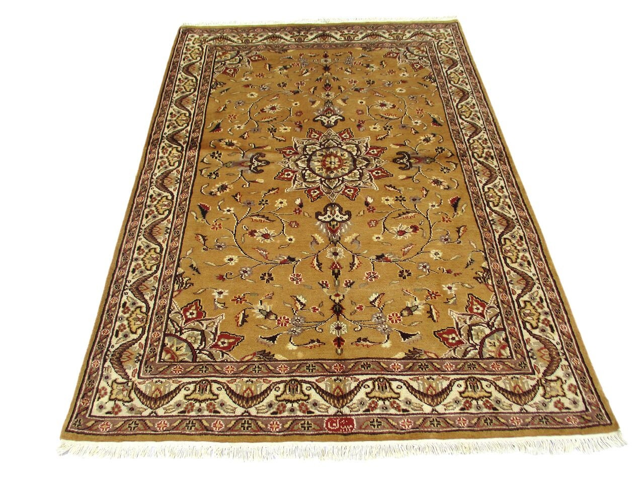 4x6 Rug | Gold Oriental Rug | Handmade Area Rug | Neutral Tone Rug | Antique Wool Rug | Gold Silk Rug | Medallion Rug | Gold Accent Rug