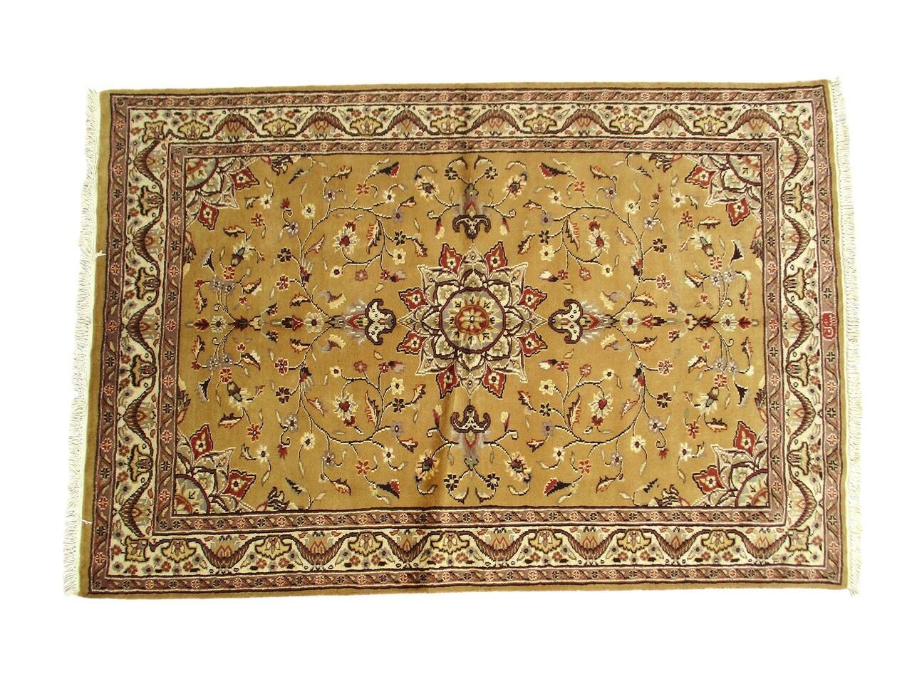 4x6 Rug | Gold Oriental Rug | Handmade Area Rug | Neutral Tone Rug | Antique Wool Rug | Gold Silk Rug | Medallion Rug | Gold Accent Rug