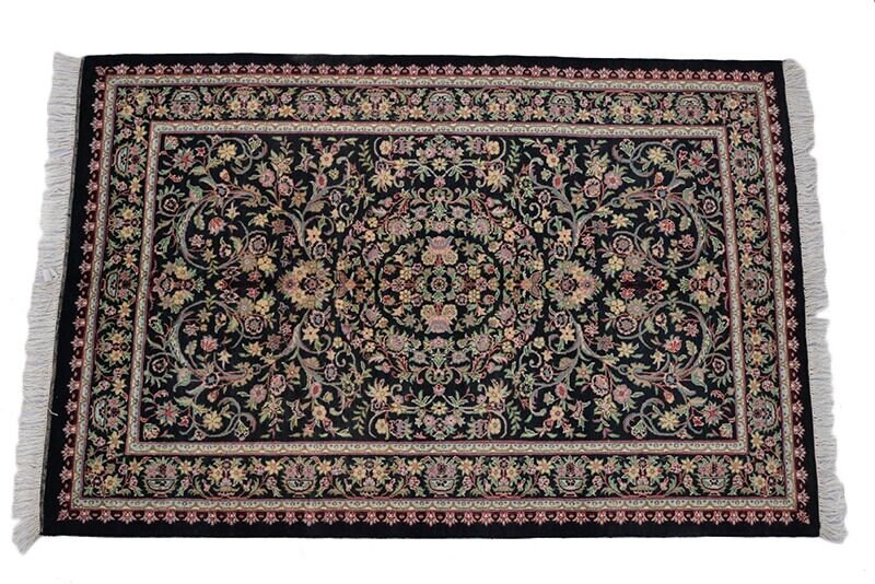 Black Oriental Rug | 4 x 6 Rug | Floral Rug | Hand Knotted Rug | Medallion Rug | Black and Beige Rug