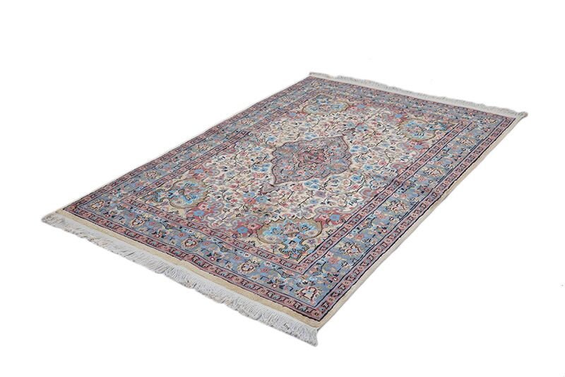 Light Blue Pink Silk 4x6 Rug |Oriental Medallion Style Hand Woven Vintage Area Rug