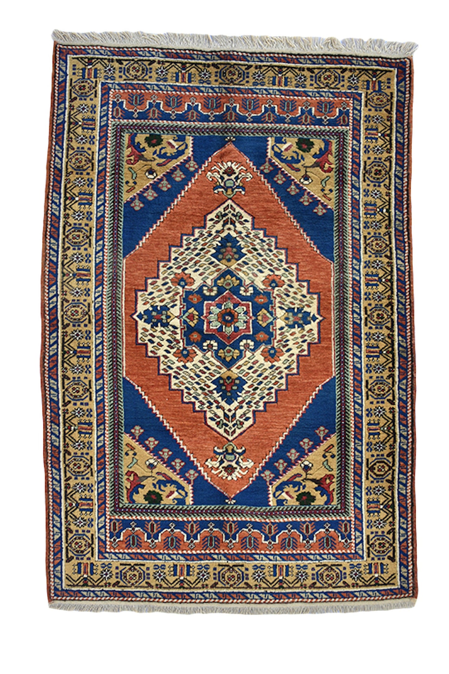 Blue Coral Kazak 4x6 Rug | Vintage Tribal Rug | Oriental Turkish Wool Rug | Traditional Medallion Style