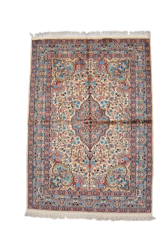 Light Blue Pink Silk 4x6 Rug |Oriental Medallion Style Hand Woven Vintage Area Rug