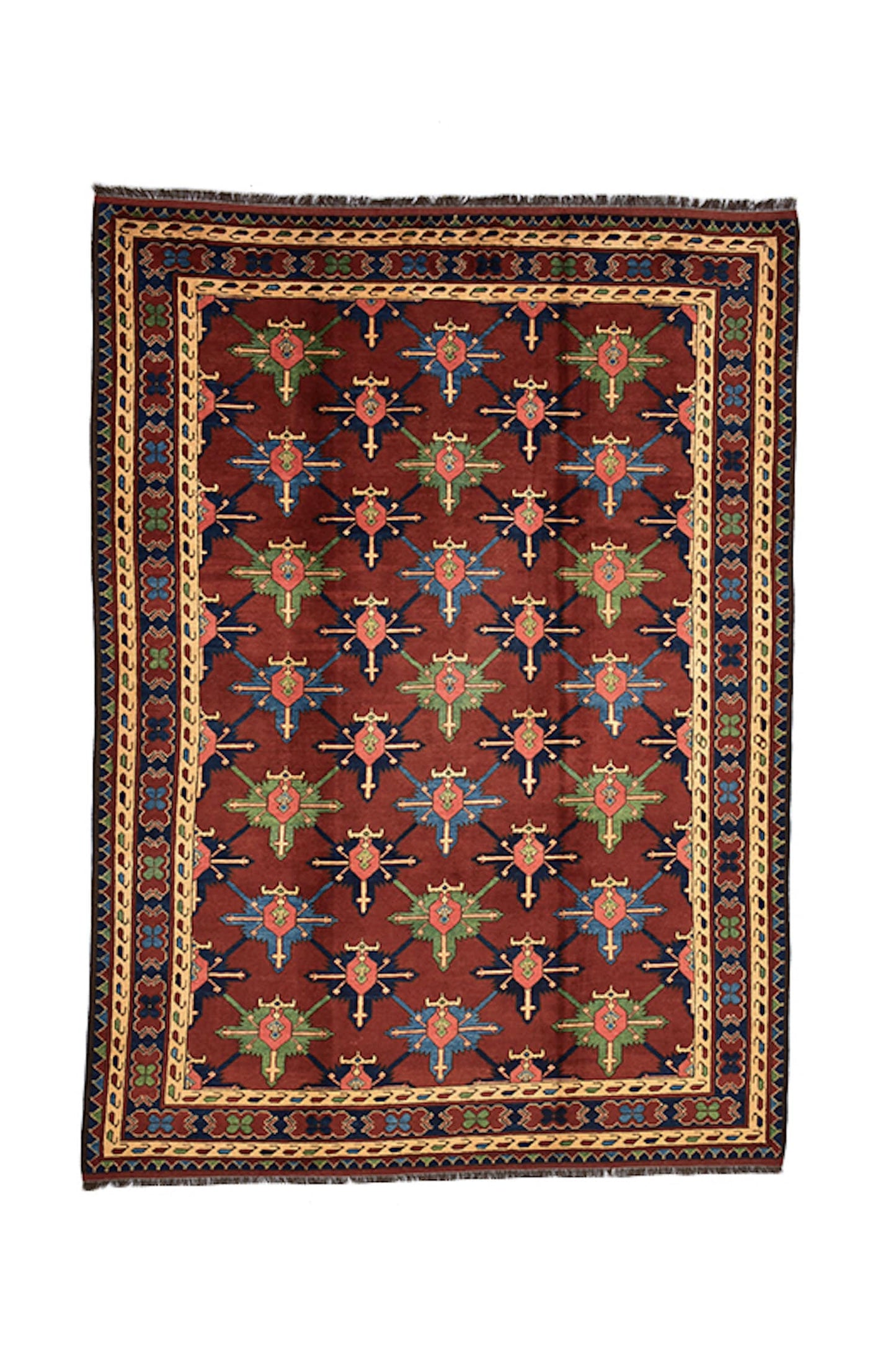 Red Vintage 7x10 Geometric Floral Rug | Red Blue Green Flowers | Wool Hand Knotted Rug | Turkish Persian Rug