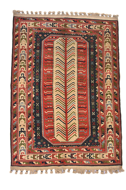 Vintage Kazak 4x6 Rug | Red Beige Geometric Rug | Tribal Boho Nomadic Rug | Accent Rug | Wool Antique Rug