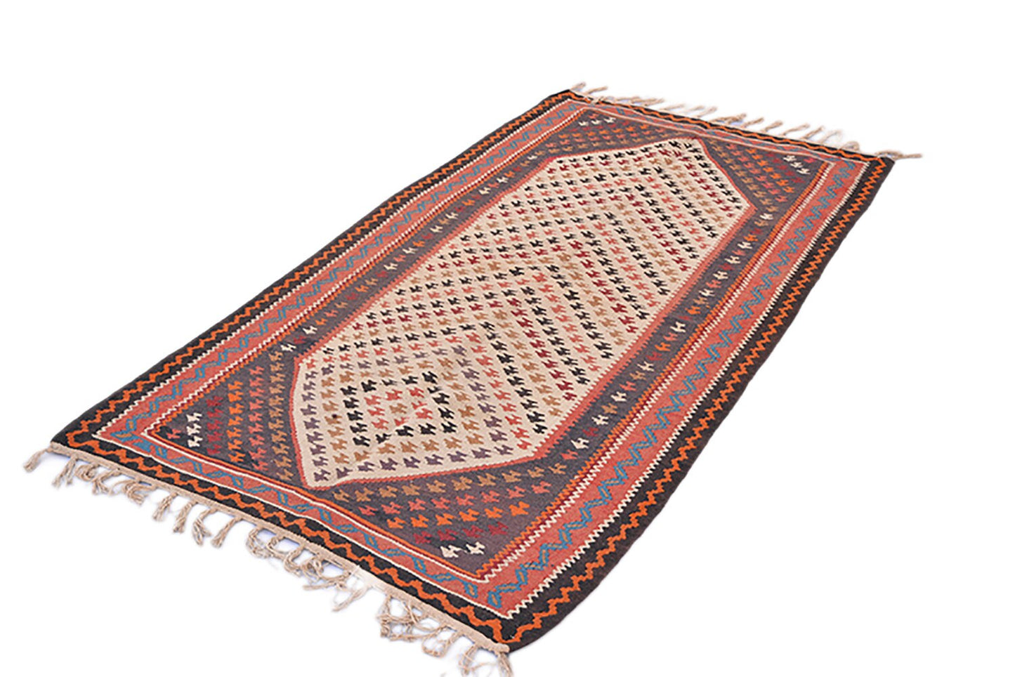 Vintage Turkish 3x6 Runner Rug | Chevron Design Red and Orange |  Wool Tribal Flatweave Rug