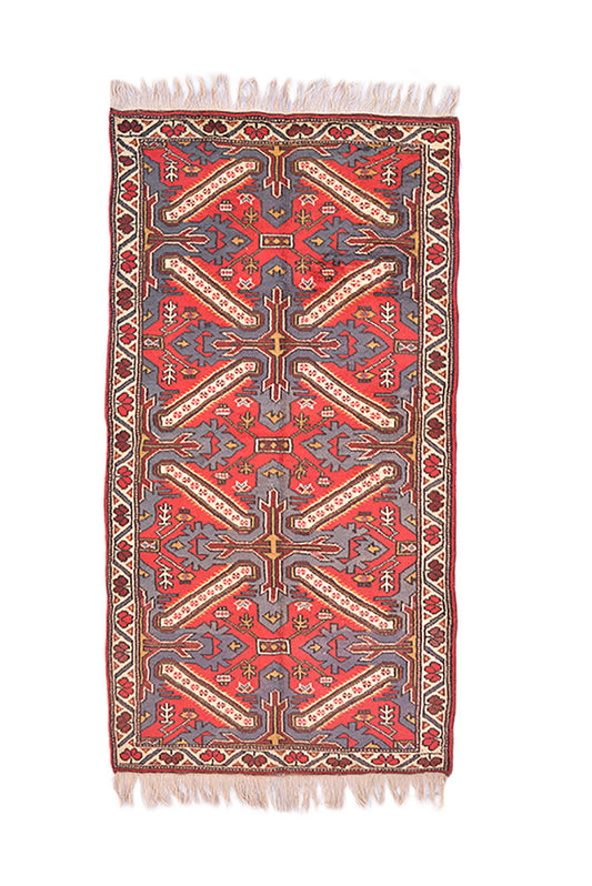 Tribal Kazak Red Blue Rug | 3x6 RunnerRug | Geometric Pattern Rug | Kitchen Accent Wool Hand Knotted Rug