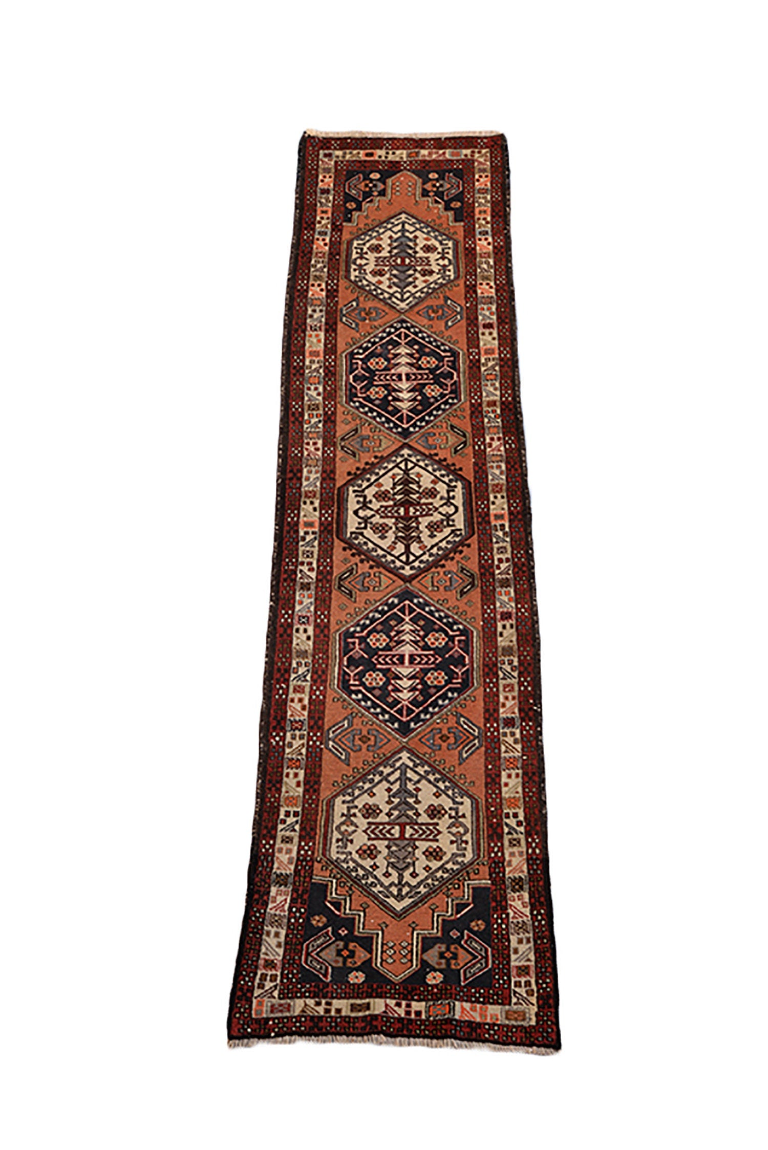 Long 2x9 Vintage Runner | Persian Turkish Geometric Design in Brick & Navy Blue