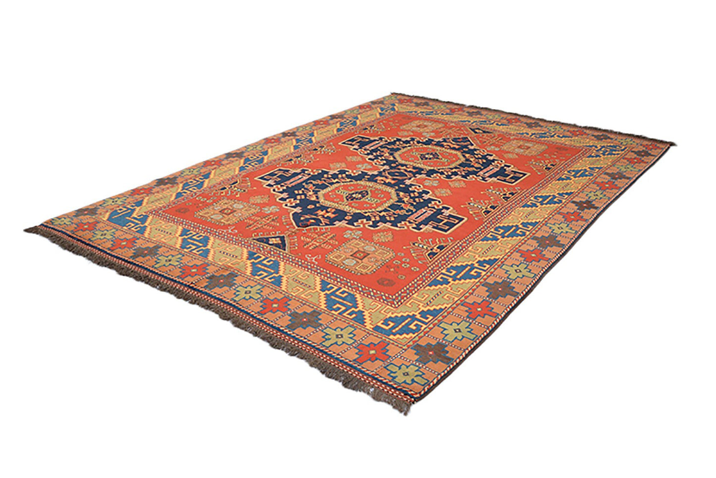 Size 9.5 x 7.2 Ft Handmade Rug | Antique Persian Rug | Orange Tribal Rug | Navy Medallion Rug | Beige Geometric Border | Wool Large Area Rug