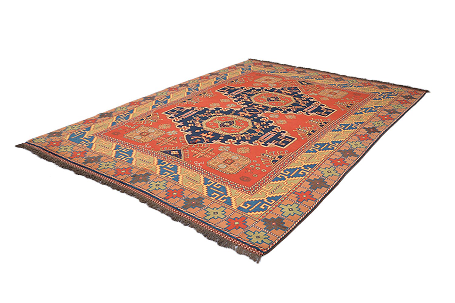 Size 9.5 x 7.2 Ft Handmade Rug | Antique Persian Rug | Orange Tribal Rug | Navy Medallion Rug | Beige Geometric Border | Wool Large Area Rug