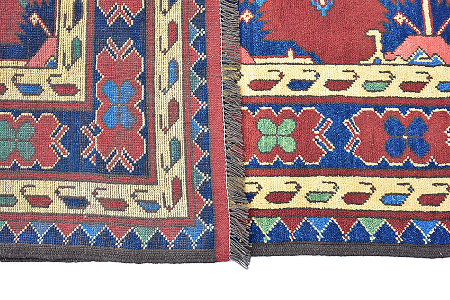Red Vintage 7x10 Geometric Floral Rug | Red Blue Green Flowers | Wool Hand Knotted Rug | Turkish Persian Rug