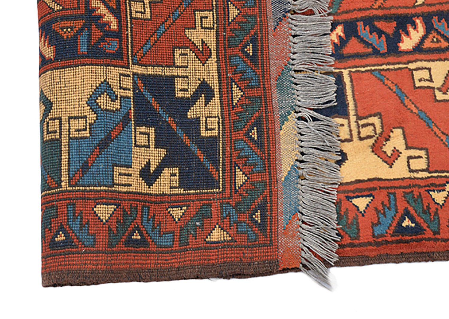 Large Hand Knotted 7x9 Vintage Rug with Rust Red Color and Tribal Geometric Border