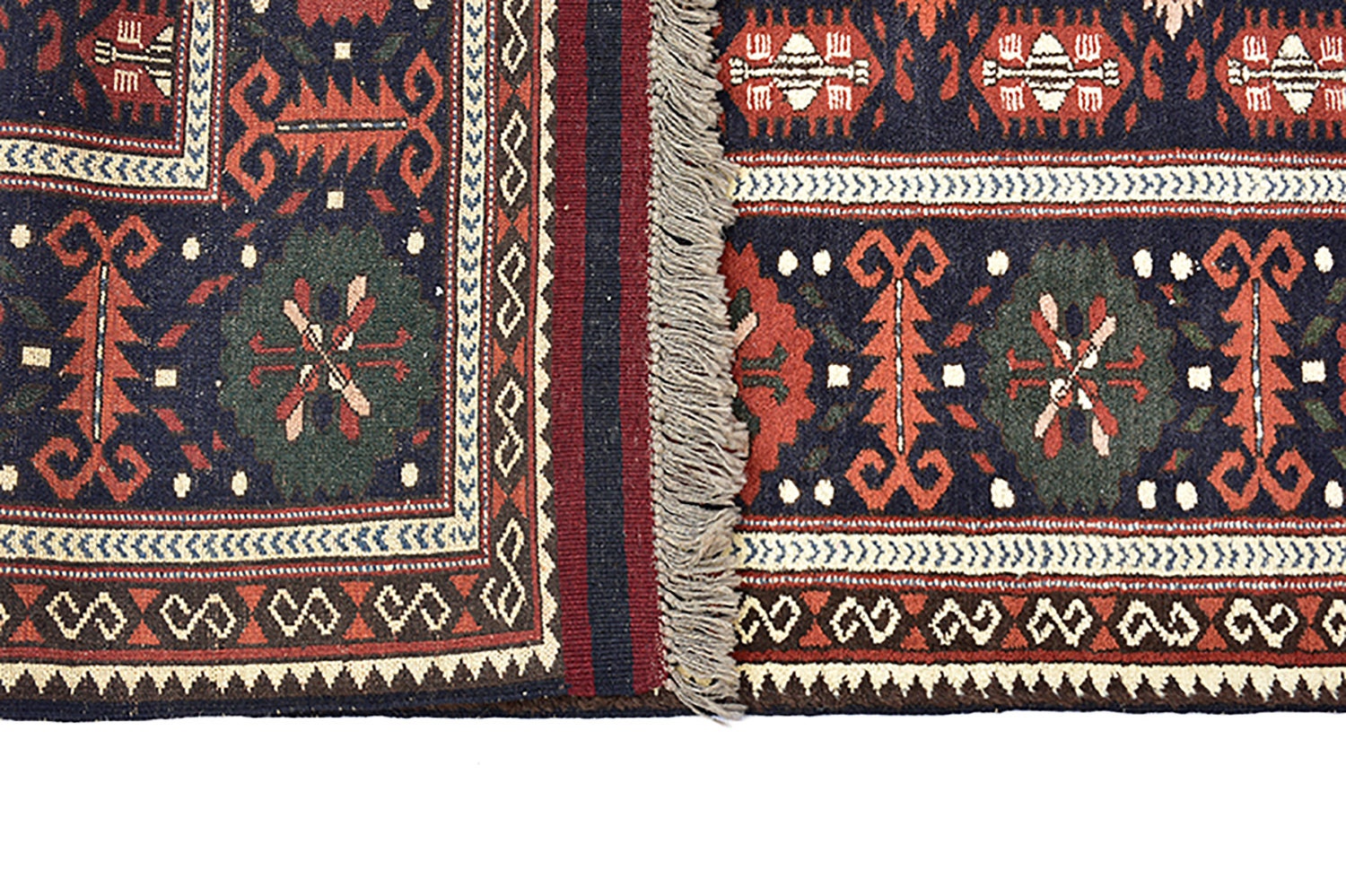 Vintage Handmade Rug | Navy Green Red Rug | 7 x 9 Feet | Floral Oriental Rug | Afghan Rug | Rustic Farmhouse Rug