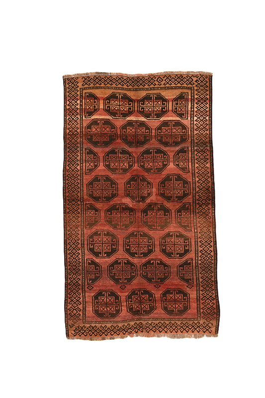 Coral Pink Vintage  4 x 7 Rug | Boho Antique Hand Knotted Rug | Geometric Tribal Oriental Rug