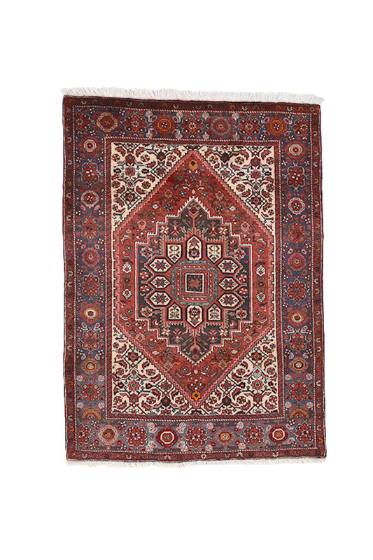 Antique Handmade 3x5 Rug | Tribal Medallion Rug | Persian Turkish Red Blue Rug | Wool Tribal Geometric Rug